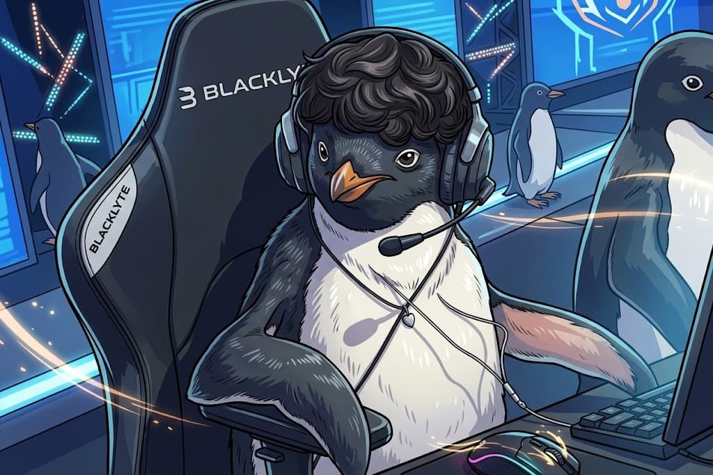 K1ng, el pingüino gamer, jugando en su setup